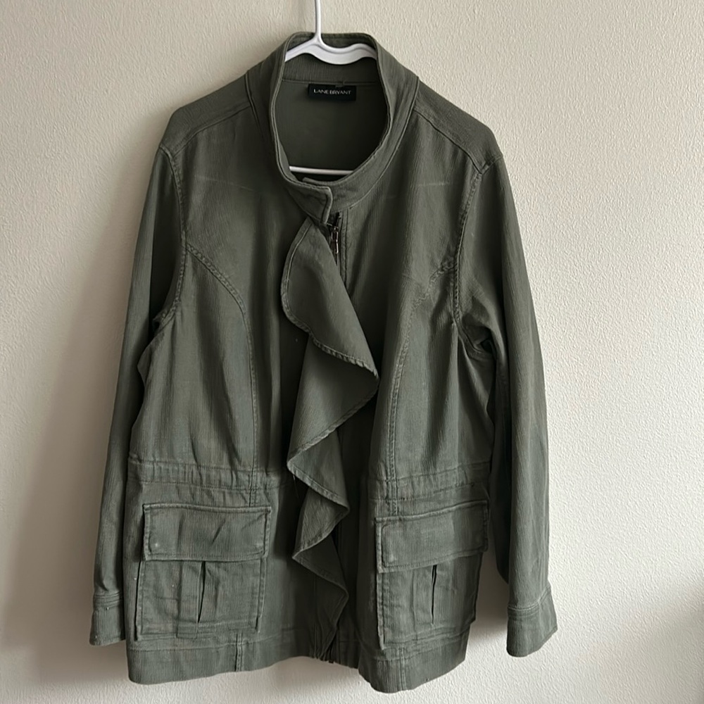 Lane Bryant Olive Green Ruffle Front Zipper Utility Jacket ...Size: 18-20 W.